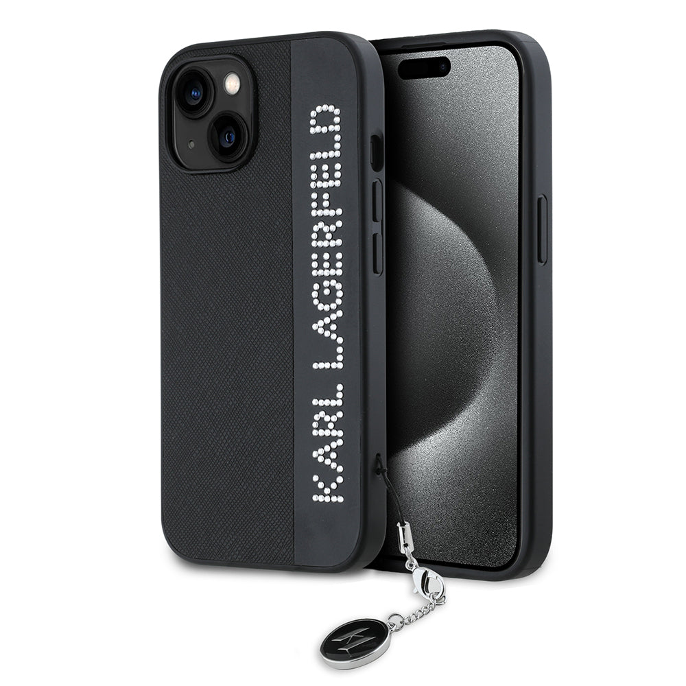 Tok Apple iPhone 15-höz, Karl Lagerfeld, Saffiano Rhinestones & Charm, Fekete