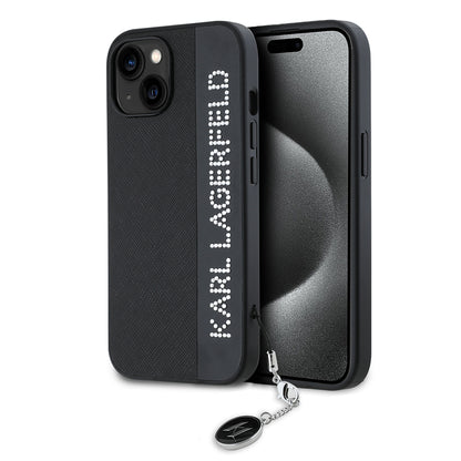 Tok Apple iPhone 15-höz, Karl Lagerfeld, Saffiano Rhinestones & Charm, Fekete