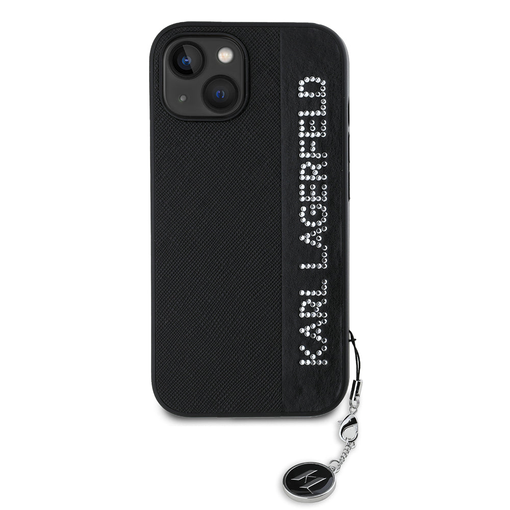Tok Apple iPhone 15-höz, Karl Lagerfeld, Saffiano Rhinestones & Charm, Fekete