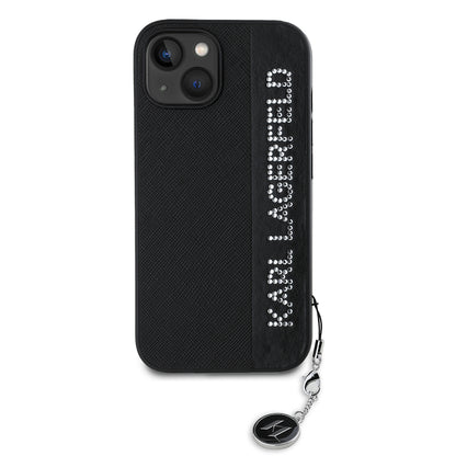 Tok Apple iPhone 15-höz, Karl Lagerfeld, Saffiano Rhinestones & Charm, Fekete