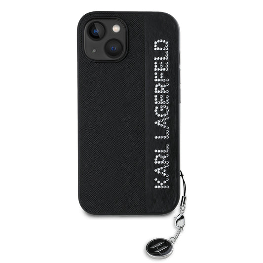 Tok Apple iPhone 15-höz, Karl Lagerfeld, Saffiano Rhinestones & Charm, Fekete