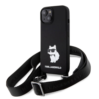 Tok Apple iPhone 15-höz, Karl Lagerfeld, Silicone Crossbody Choupette, Fekete