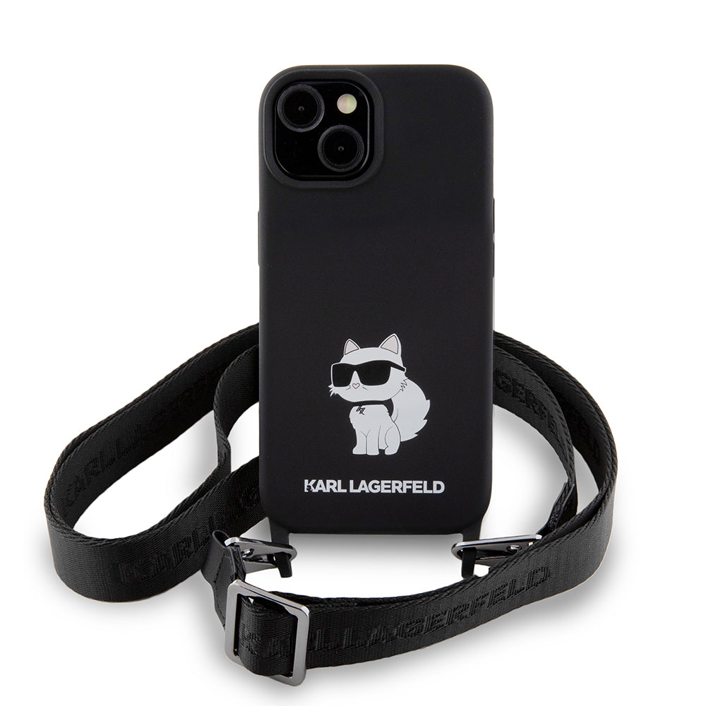 Tok Apple iPhone 15-höz, Karl Lagerfeld, Silicone Crossbody Choupette, Fekete