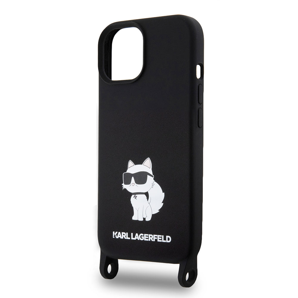 Tok Apple iPhone 15-höz, Karl Lagerfeld, Silicone Crossbody Choupette, Fekete
