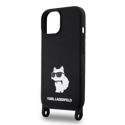 Tok Apple iPhone 15-höz, Karl Lagerfeld, Silicone Crossbody Choupette, Fekete