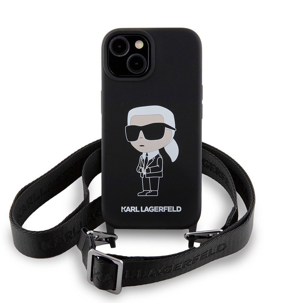 Tok Apple iPhone 15-höz, Karl Lagerfeld, Silicone Crossbody Ikonik Karl, Fekete