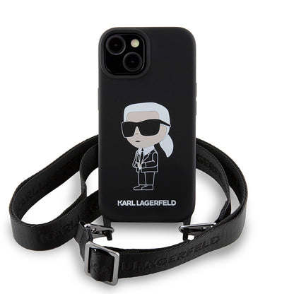 Tok Apple iPhone 15-höz, Karl Lagerfeld, Silicone Crossbody Ikonik Karl, Fekete