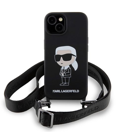 Tok Apple iPhone 15-höz, Karl Lagerfeld, Silicone Crossbody Ikonik Karl, Fekete