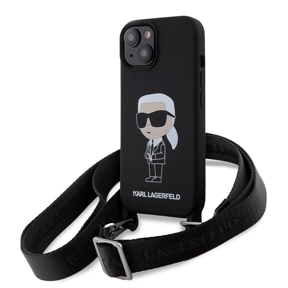 Tok Apple iPhone 15-höz, Karl Lagerfeld, Silicone Crossbody Ikonik Karl, Fekete