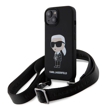 Tok Apple iPhone 15-höz, Karl Lagerfeld, Silicone Crossbody Ikonik Karl, Fekete