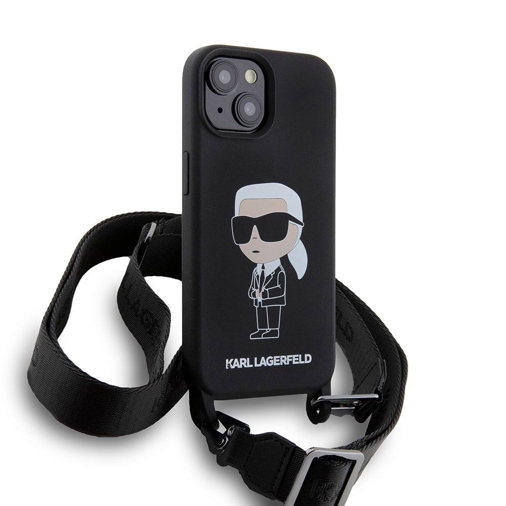 Tok Apple iPhone 15-höz, Karl Lagerfeld, Silicone Crossbody Ikonik Karl, Fekete