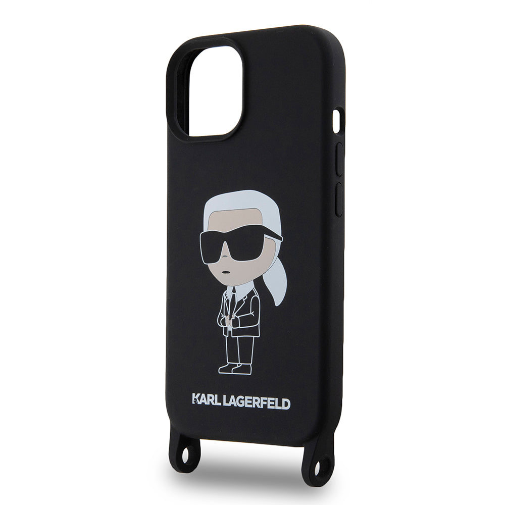 Tok Apple iPhone 15-höz, Karl Lagerfeld, Silicone Crossbody Ikonik Karl, Fekete