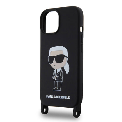 Tok Apple iPhone 15-höz, Karl Lagerfeld, Silicone Crossbody Ikonik Karl, Fekete