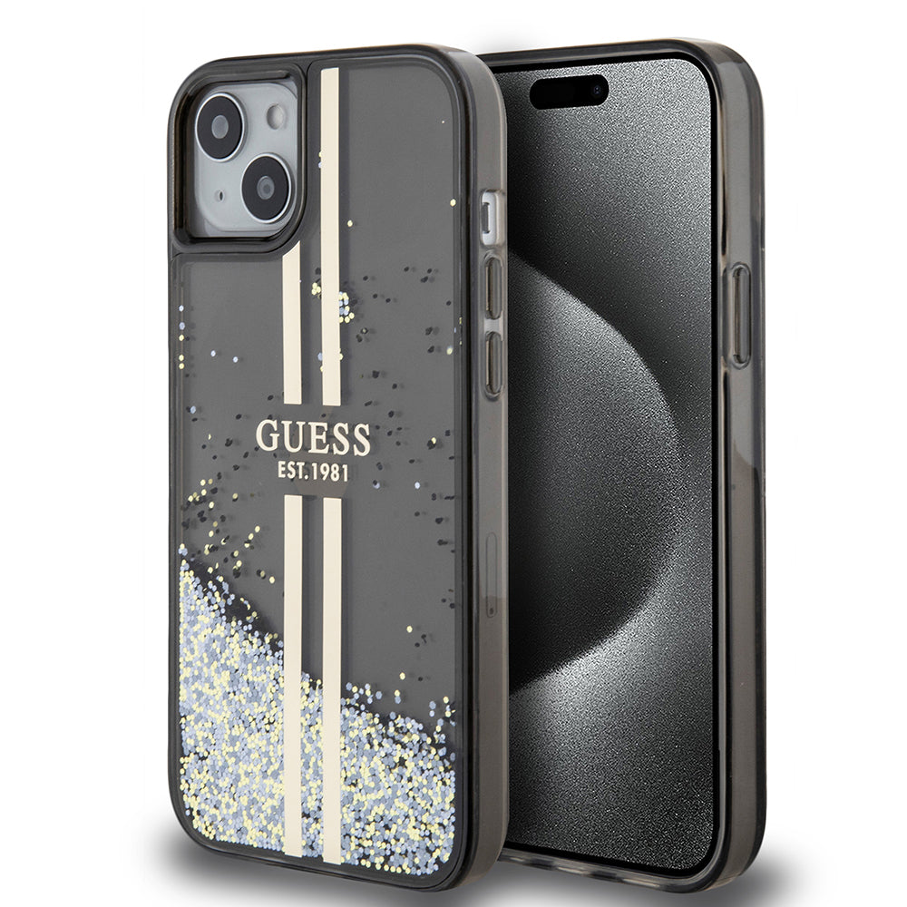 Tok Apple iPhone 15 Plus-hoz, Guess, Liquid Glitter Gold Stripes, Fekete