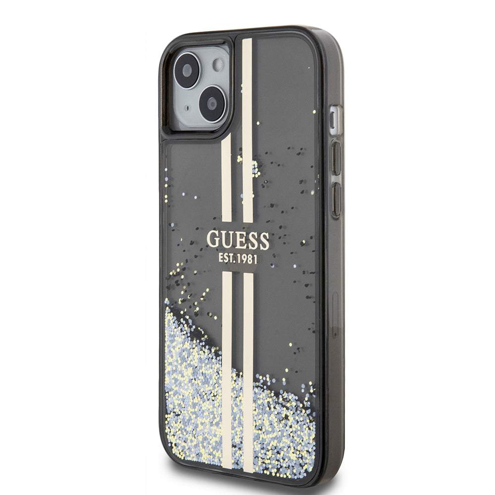Tok Apple iPhone 15 Plus-hoz, Guess, Liquid Glitter Gold Stripes, Fekete