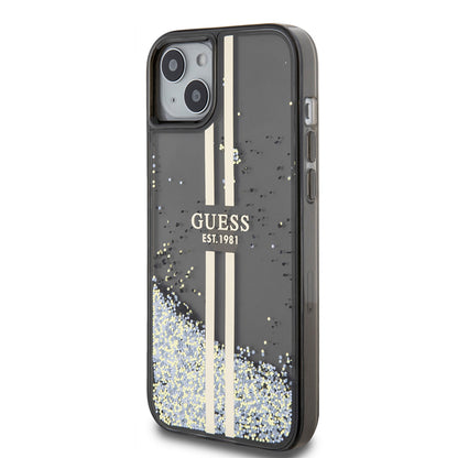 Tok Apple iPhone 15 Plus-hoz, Guess, Liquid Glitter Gold Stripes, Fekete