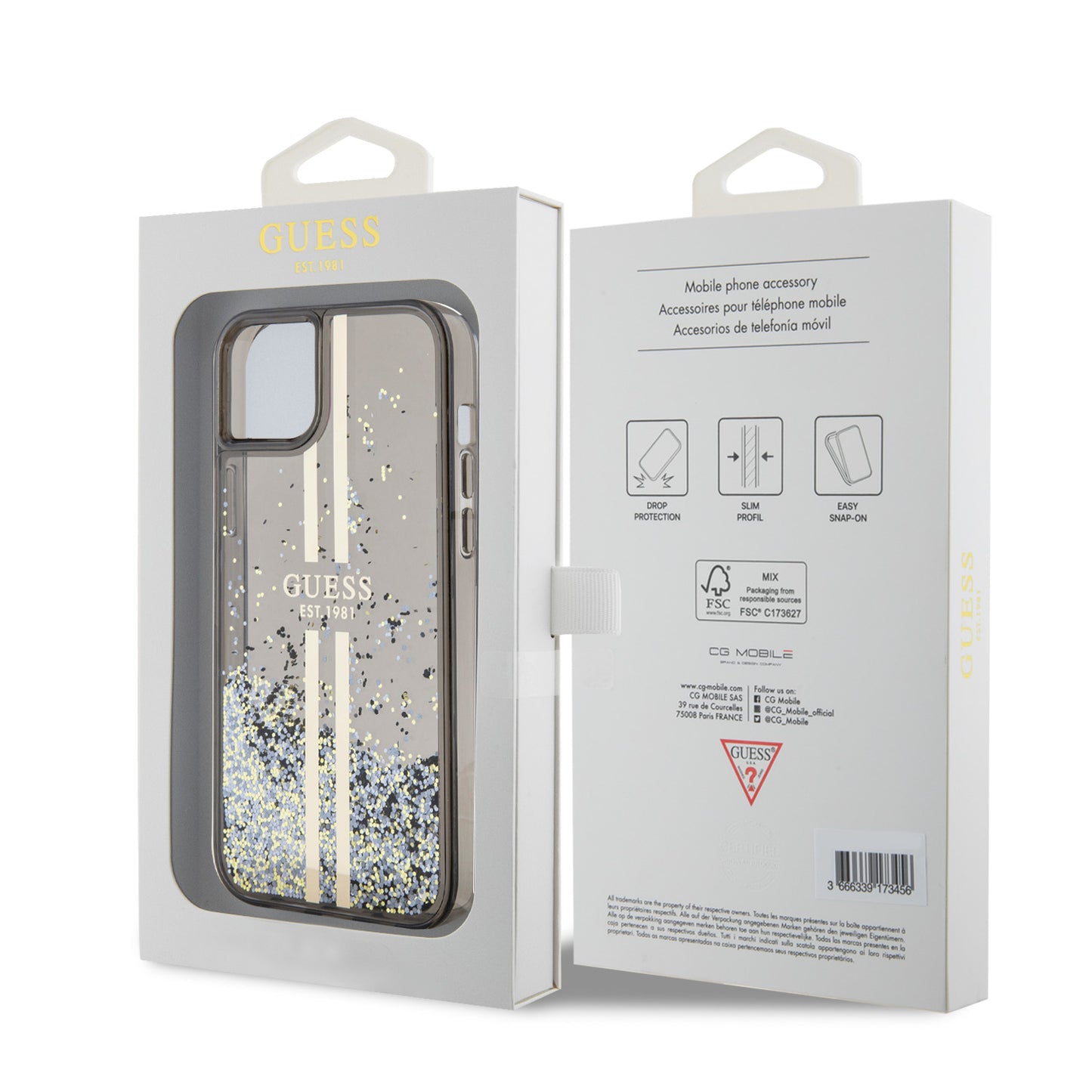 Tok Apple iPhone 15 Plus-hoz, Guess, Liquid Glitter Gold Stripes, Fekete