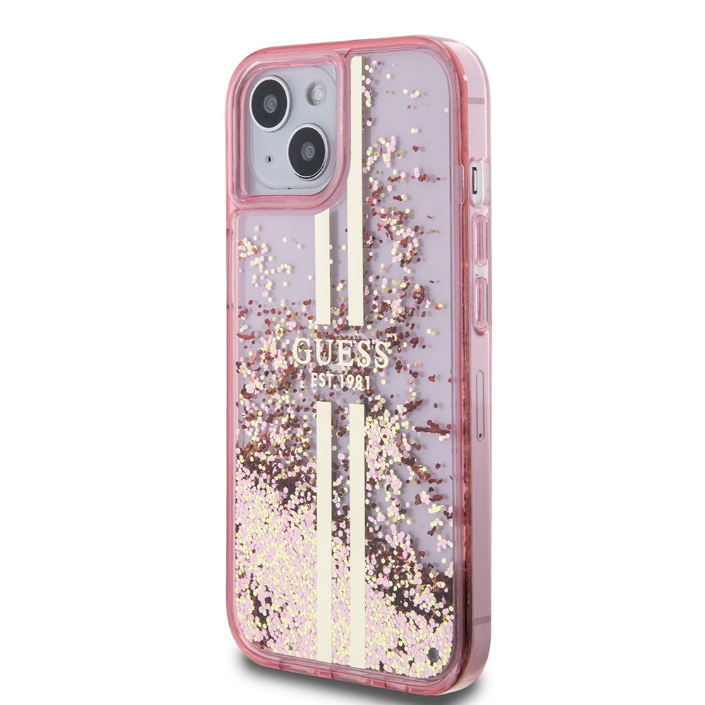 Tok a Apple iPhone 15 Plus-hoz, Guess, Liquid Glitter Gold Stripes, Rózsaszín