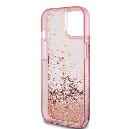 Tok a Apple iPhone 15 Plus-hoz, Guess, Liquid Glitter Gold Stripes, Rózsaszín