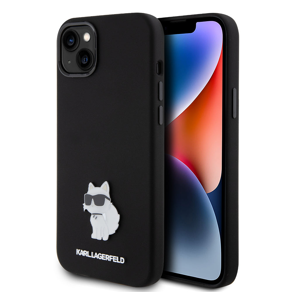 Tok Apple iPhone 15 Plus-hoz, Karl Lagerfeld, Silicone Choupette Metal, Fekete