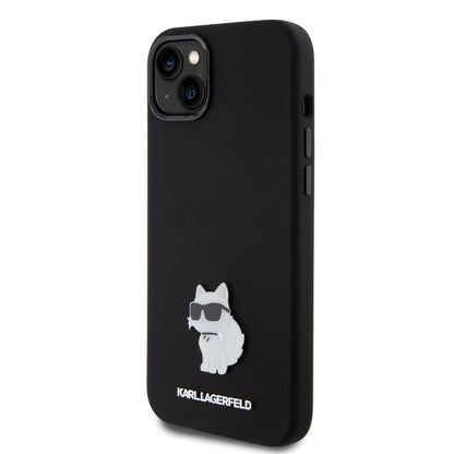 Tok Apple iPhone 15 Plus-hoz, Karl Lagerfeld, Silicone Choupette Metal, Fekete