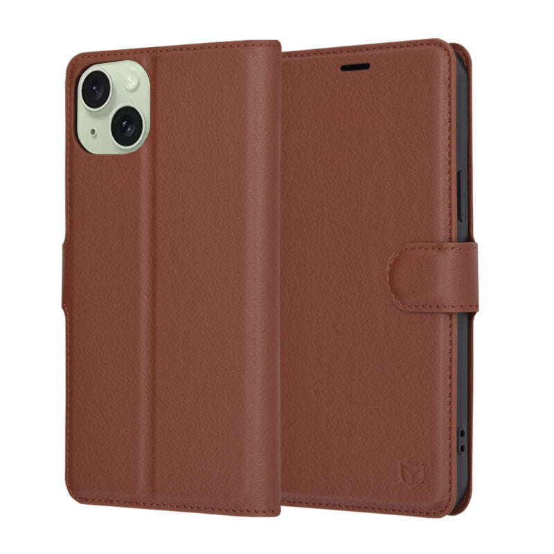 Tok Apple iPhone 15 Plus-hoz, Techsuit, bőr folio, barna