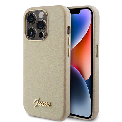 Tok Apple iPhone 15 Pro-hoz, Guess, Glitter Glossy Script, Bézs