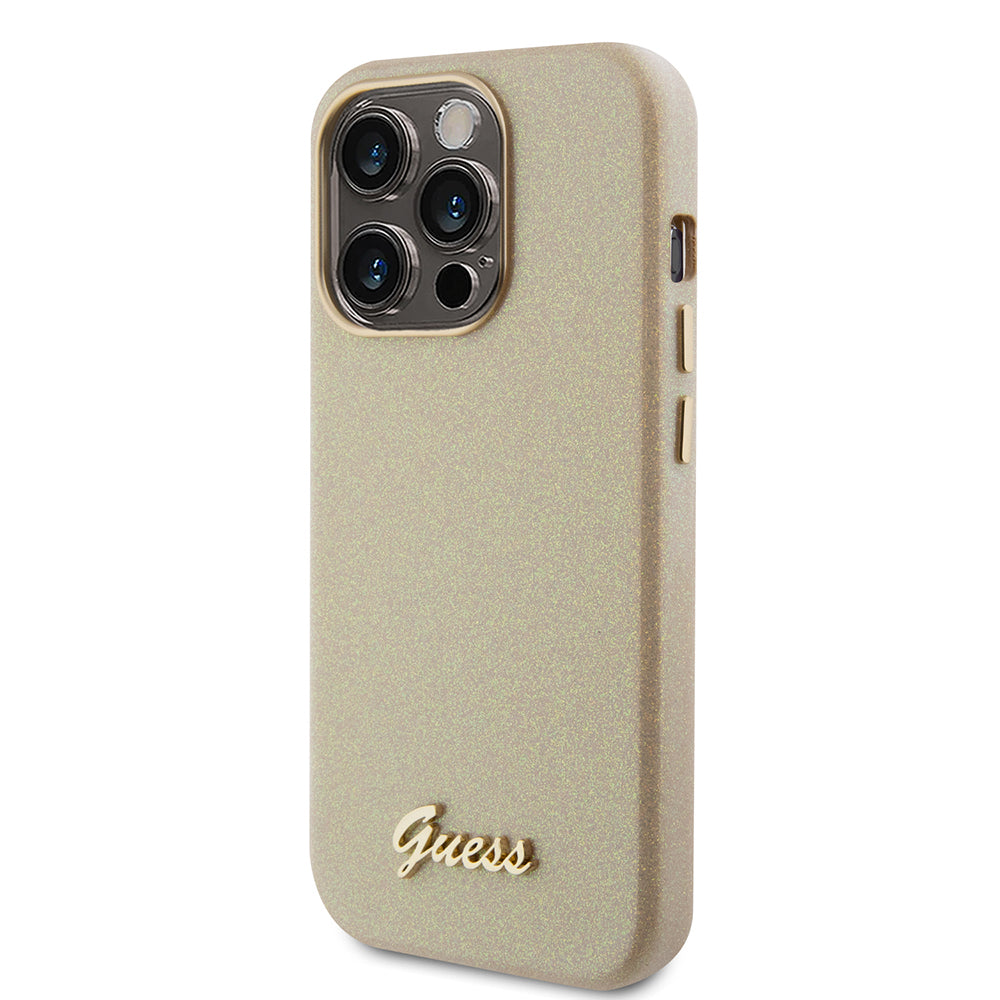Tok Apple iPhone 15 Pro-hoz, Guess, Glitter Glossy Script, Bézs
