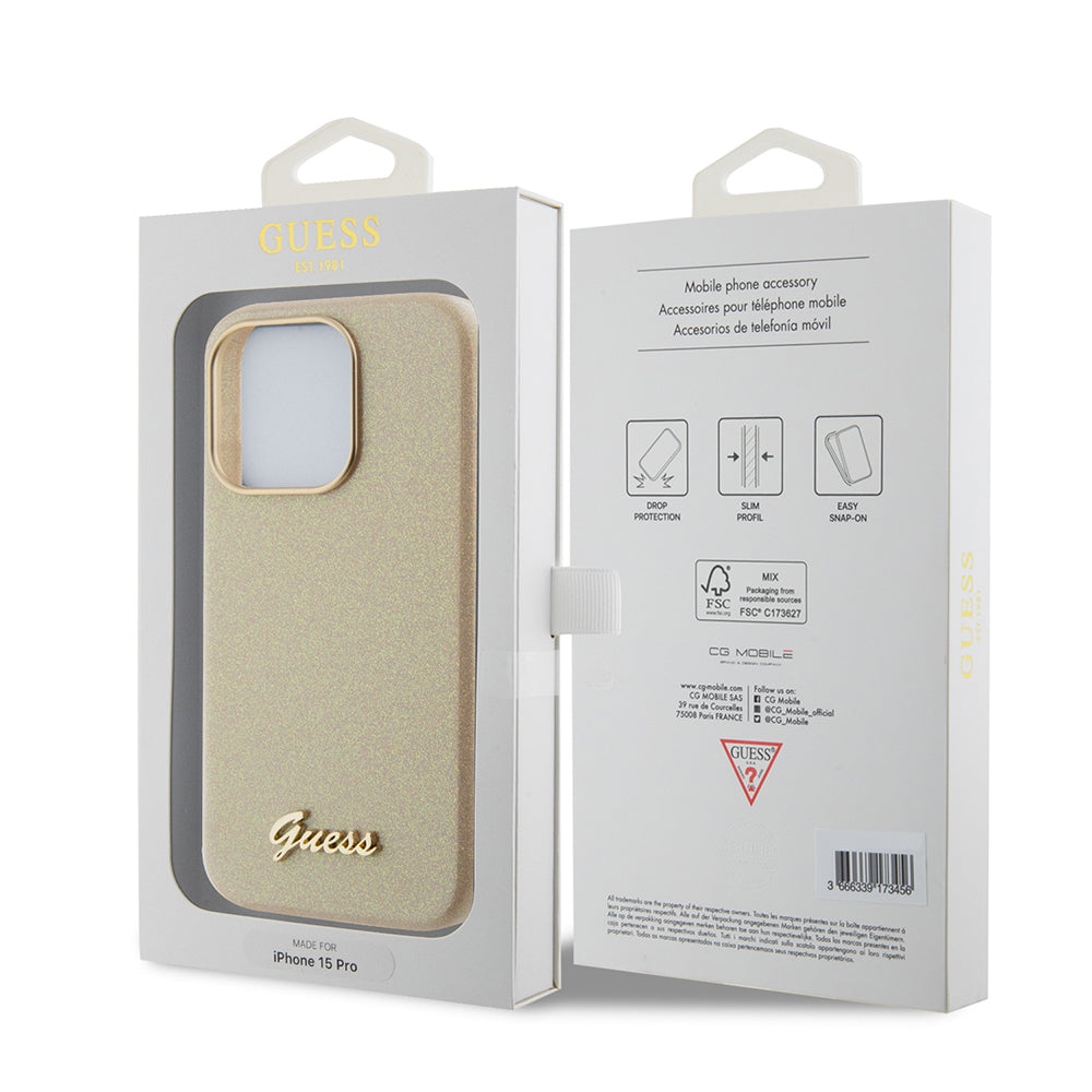 Tok Apple iPhone 15 Pro-hoz, Guess, Glitter Glossy Script, Bézs