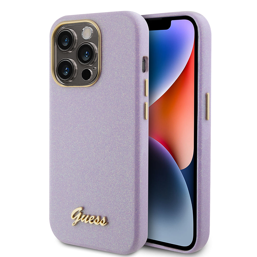 Tok Apple iPhone 15 Pro-hoz, Guess, Glitter Glossy Script, Világoslila