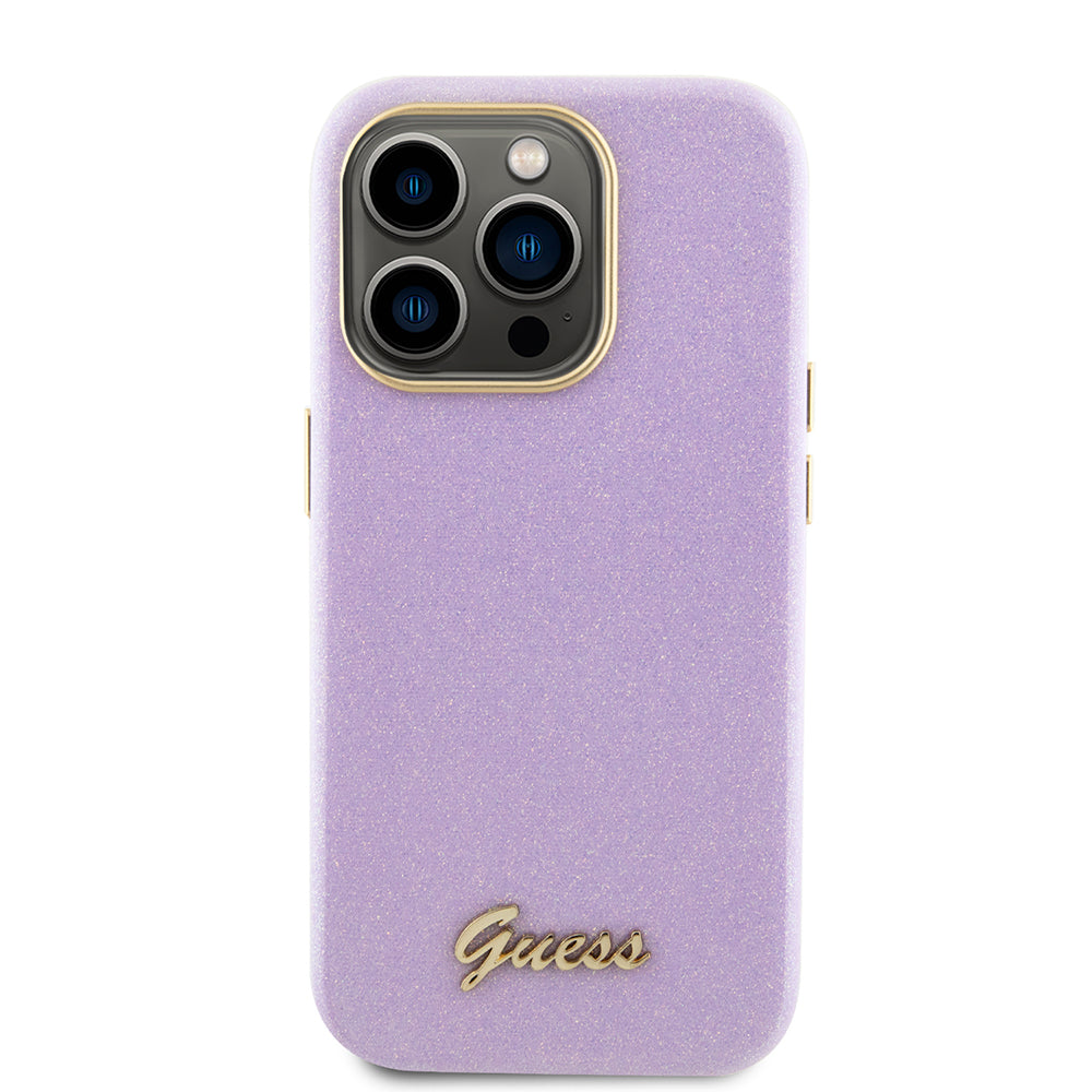 Tok Apple iPhone 15 Pro-hoz, Guess, Glitter Glossy Script, Világoslila