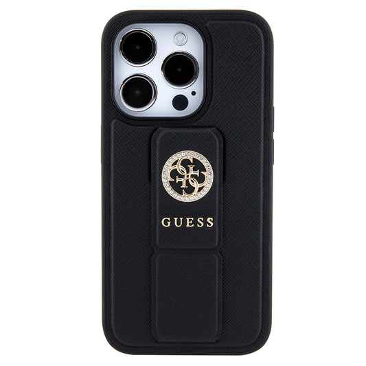 Tok Apple iPhone 15 Pro-hoz, Guess, Grip Stand 4G Saffiano Strass, Fekete
