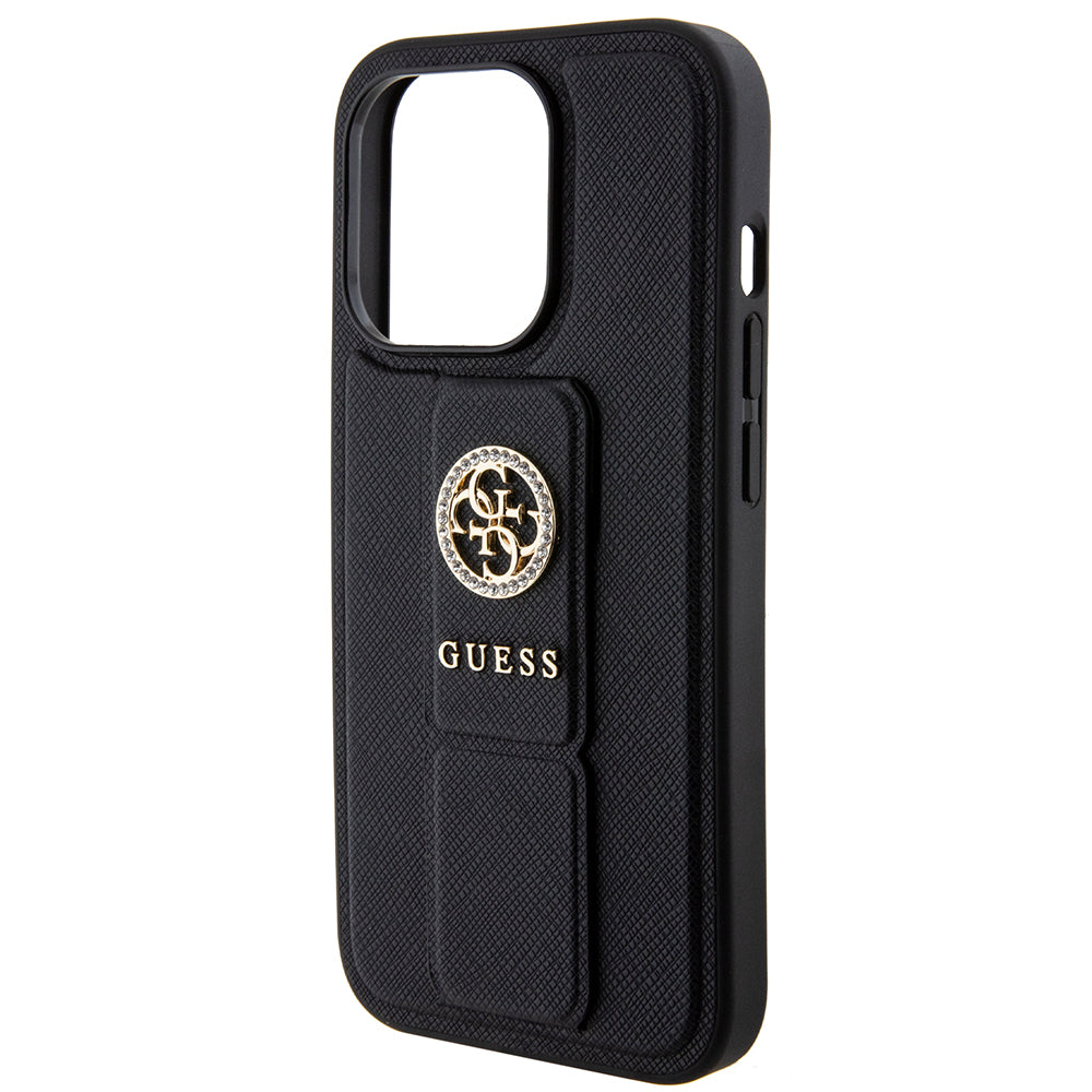 Case for Apple iPhone 15 Pro, Guess, Grip Stand 4G Saffiano Strass, Black