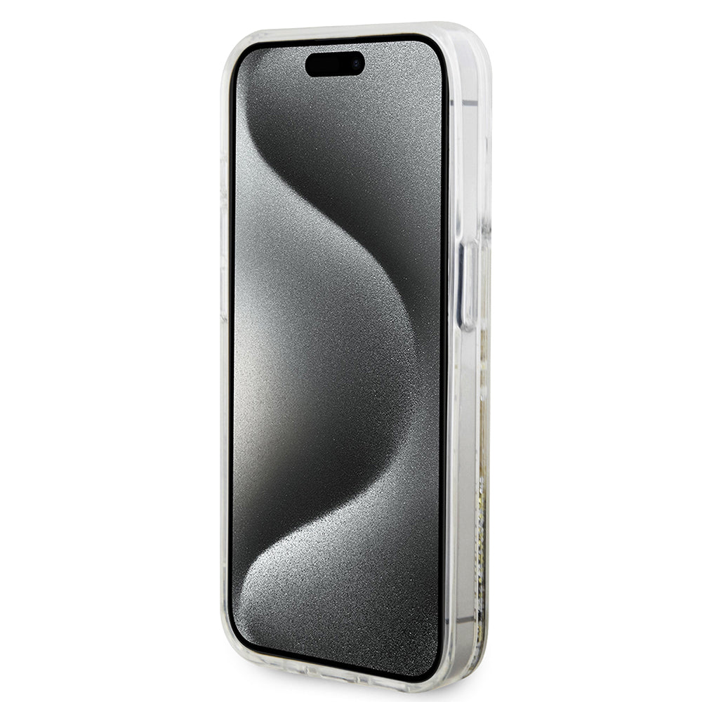 Tok a Apple iPhone 15 Pro-hoz, Guess, Liquid Glitter Gold Stripes, Átlátszó
