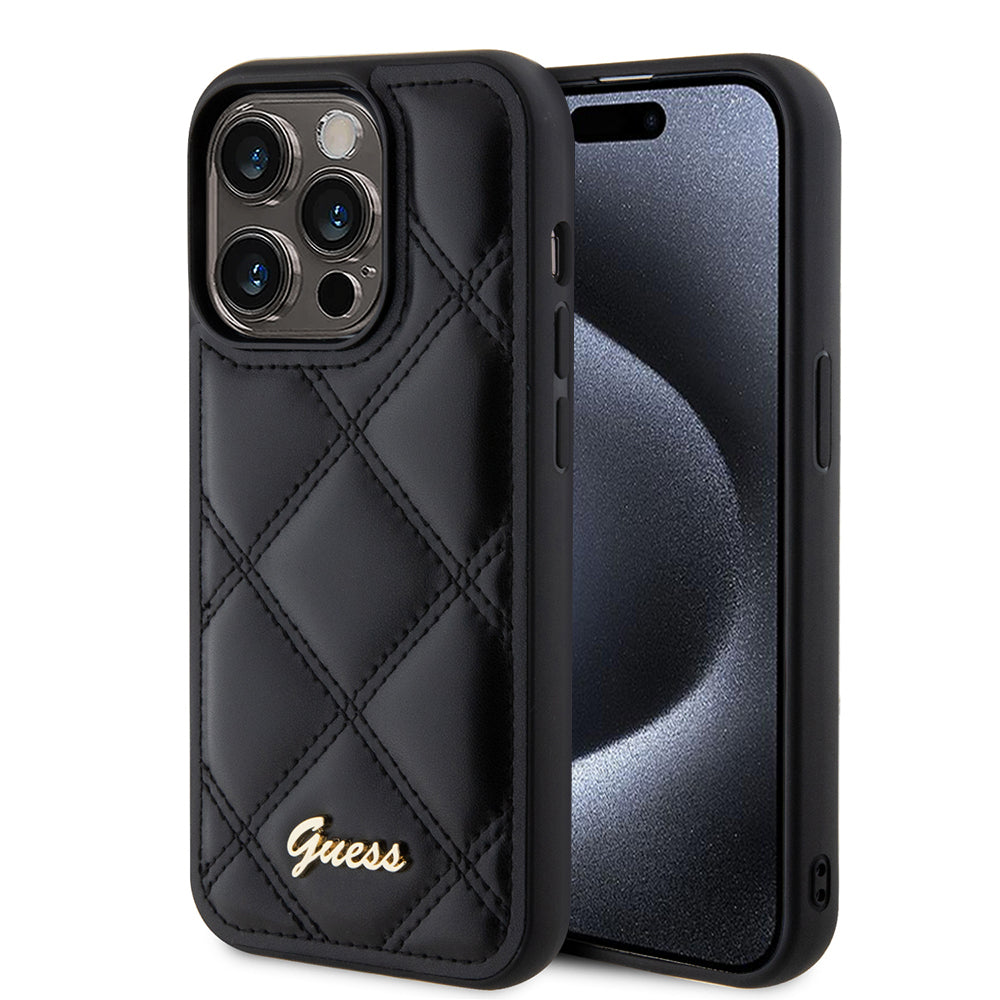 Tok Apple iPhone 15 Pro-hoz, Guess, Quilted Metal Logo, Fekete