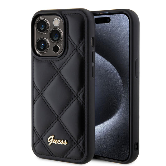 Tok Apple iPhone 15 Pro-hoz, Guess, Quilted Metal Logo, Fekete