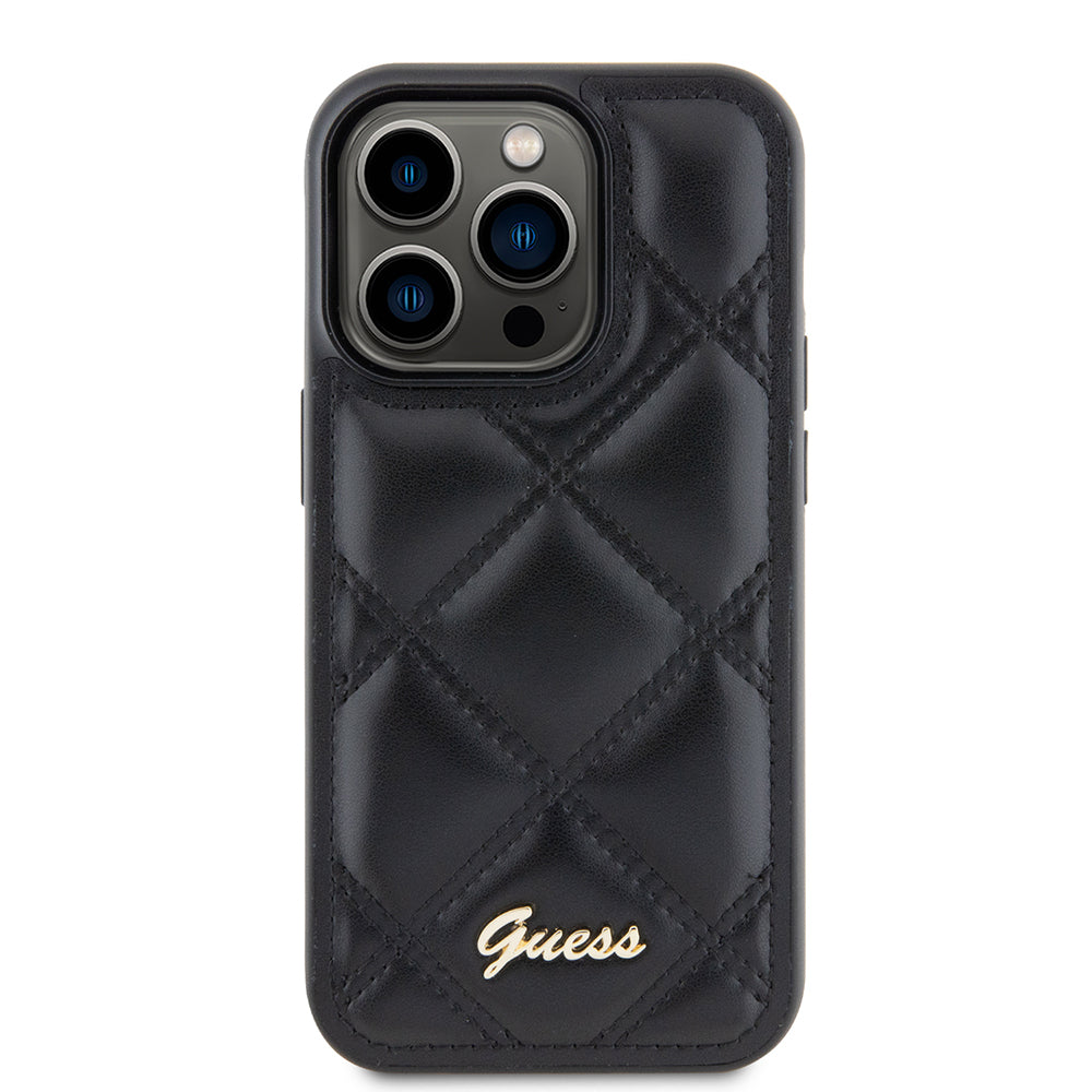 Tok Apple iPhone 15 Pro-hoz, Guess, Quilted Metal Logo, Fekete