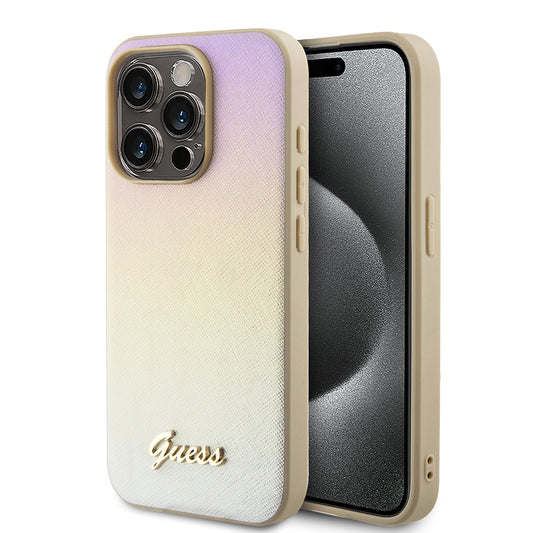 Tok Apple iPhone 15 Pro-hoz, Guess, Saffiano Iridescent Script, Arany