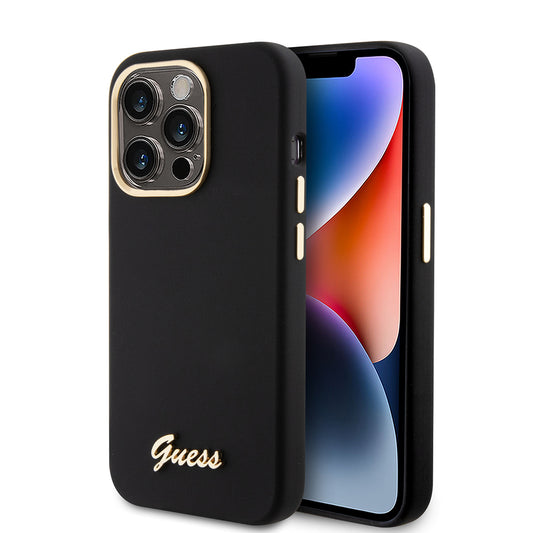 Tok a Apple iPhone 15 Pro-hoz, Guess, Script Metal Logo & Frame, Fekete