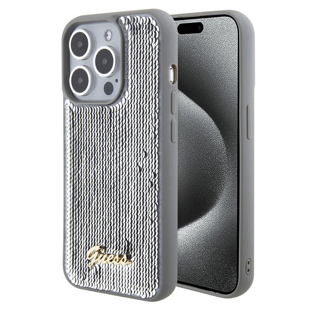 Tok Apple iPhone 15 Pro-hoz, Guess, Sequin Script Metal, Ezüst
