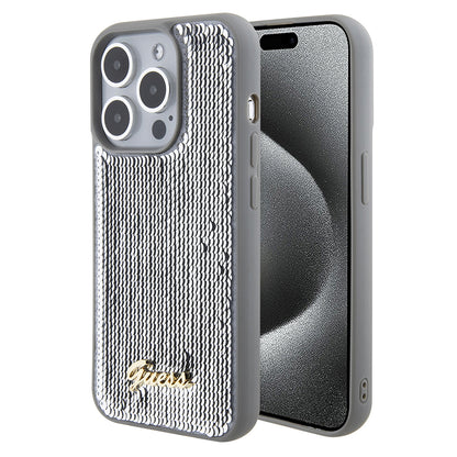Tok Apple iPhone 15 Pro-hoz, Guess, Sequin Script Metal, Ezüst
