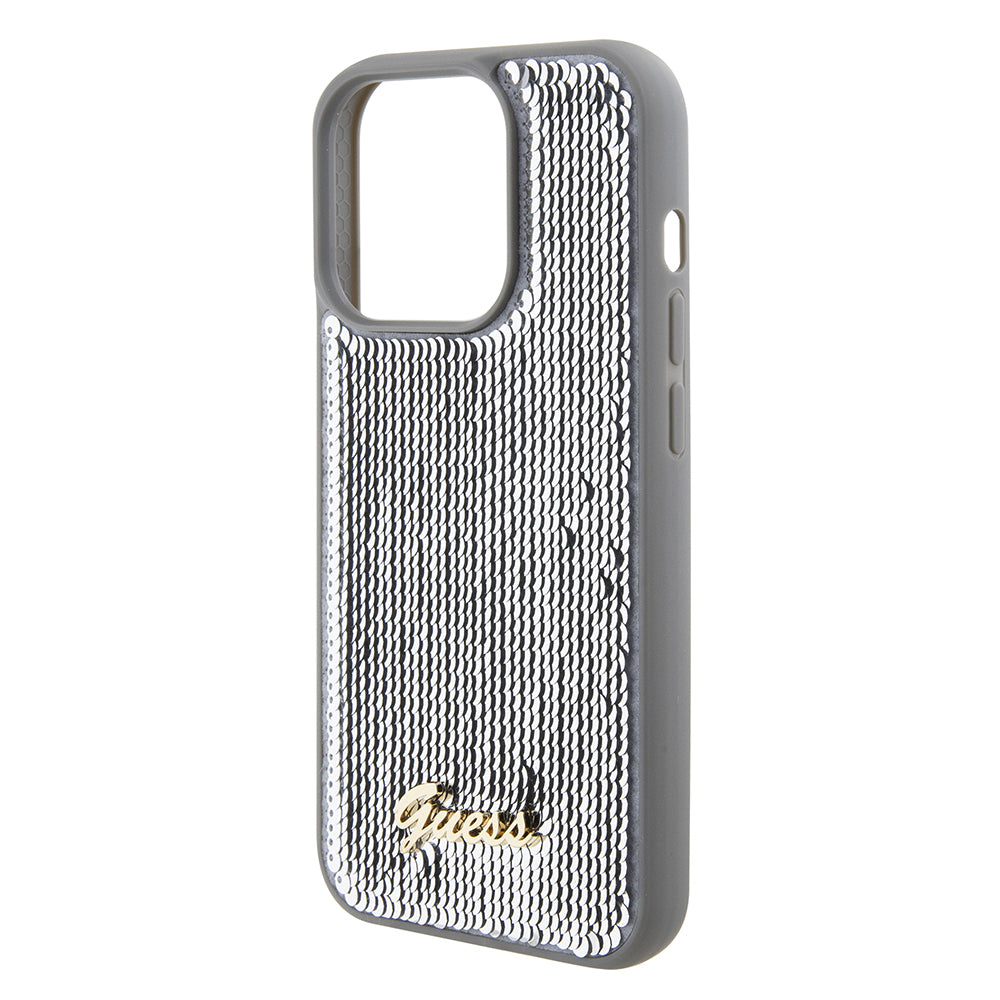 Tok Apple iPhone 15 Pro-hoz, Guess, Sequin Script Metal, Ezüst
