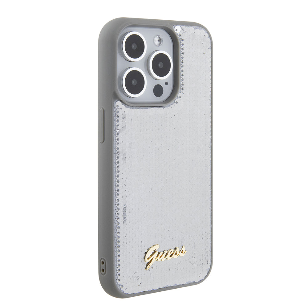 Tok Apple iPhone 15 Pro-hoz, Guess, Sequin Script Metal, Ezüst