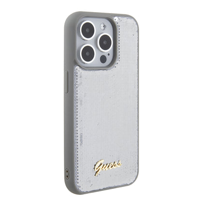 Tok Apple iPhone 15 Pro-hoz, Guess, Sequin Script Metal, Ezüst
