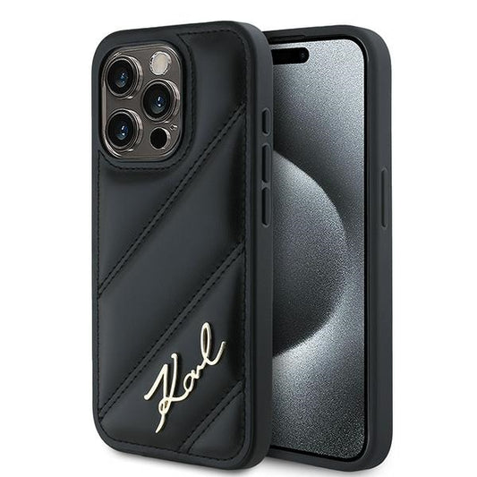 Tok a Apple iPhone 15 Pro-hoz, Karl Lagerfeld, Diagonal Quilted Script, Fekete