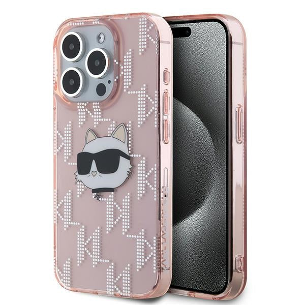 Tok Apple iPhone 15 Pro-hoz, Karl Lagerfeld, IML Luxury Monogram Choupette's Head, Rózsaszín