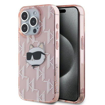 Tok Apple iPhone 15 Pro-hoz, Karl Lagerfeld, IML Luxury Monogram Choupette's Head, Rózsaszín