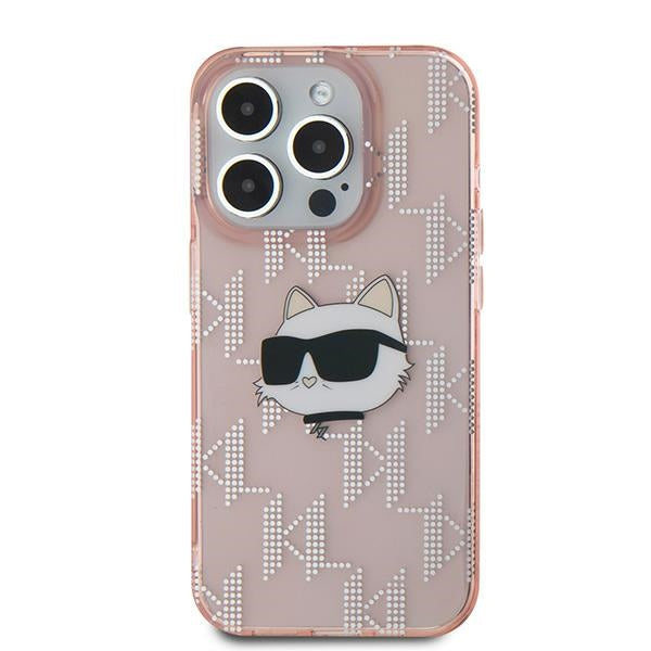 Tok Apple iPhone 15 Pro-hoz, Karl Lagerfeld, IML Luxury Monogram Choupette's Head, Rózsaszín