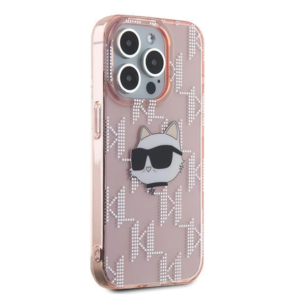 Tok Apple iPhone 15 Pro-hoz, Karl Lagerfeld, IML Luxury Monogram Choupette's Head, Rózsaszín