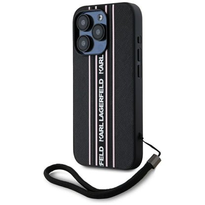 Tok Apple iPhone 15 Pro-hoz, Karl Lagerfeld, Saffiano Athleisure Stripes with Strap, Rózsaszín